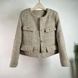 Women's Jackets Women Wool Blended Tweed Coat Autumn Winter French Basic Round Neck Long Sleeve Small Fragrance Casual Quilted Short