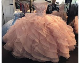 Peach Off Shoulder Ball Gown Quinceanera Dresses Crystal Beaded Tiered Ruffles Puffy Tulle Plus Size Sweet 16 Long Party Prom Even4387507