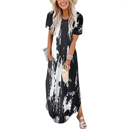 Casual Dresses Women Short Sleeve Pocket Printing Beach Long Maxi Loose DressHigh Quality PolyesterCasual And Look In All Split Dress
