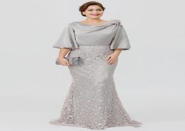 Elegant Silver Silk Satin Lace Mother039s Dresses Plus Size Mother Of The Bride Dresses Flare Sleeve Long Mermaid Wedding Guest3643456