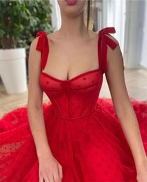 2021 Red Polka Dots Tulle A Line Evening Dress Spaghetti Straps Tied Bow Shoulder Tea Length Party Graduation Prom Dress3385460