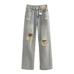 Design Inspired Distressed Denim Jeans, Summer New Distressed High Waisted Loose and Slimming, Spicy Girl Straight Leg Pants Trend