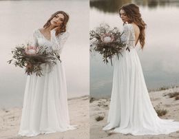 Beach Country Wedding Dresses Aline Chiffon Lace VNeck With Long Sleeves Illusion Bodice Backless Draped Bridal Gowns1822070