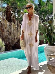 Elegant Gold Embroidered Kaftan Retro Robe V-neck White Maxi Dress Women Summer Beachwear Swimsuit Cover Up Q1373