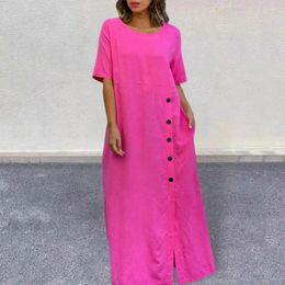 Casual Dresses Round Neck Dress Elegant Button Decor Maxi For Women Soft Breathable Ankle Length Summer With Split Design Stylish O