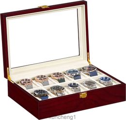 SONGMICS Watch Box 10-Slot Watch Case with Large Glass Lid Removable Watch Pillows Velvet Lining Watch Box Organiser Gift for Loved Ones Cherry Colour UJOW10C