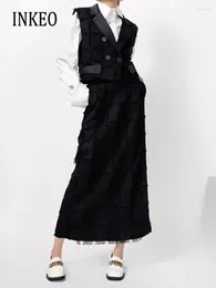 Work Dresses Korean Plaid Tassel Vestcoat And Long Skirt Women 2024 Spring Summer Black 2 Piece Set Sleeveless Vest Elegant INKEO 3O302