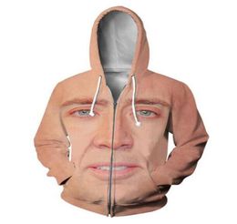 New Fashion Zipper Hoodies The Giant Blown Up Face of Nicolas Cage Funny 3D Print ZipUp Hoodies Sweatshirt MenWomen Harajuku Out2225797