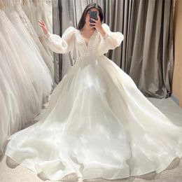 2024 Modern Princess Satin Wedding Dress V-Neck Long Puffy Sleeves Organza Lace Up A-Line Bridal Bride Gowns Vestido De Novia Mariage