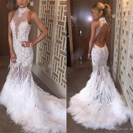 2024 Plus Size Wedding Dresses Luxury Sheer High Neck Lace Bridal Gowns Robe De Mariee Feather Open Back Mermaid Wedding Dress