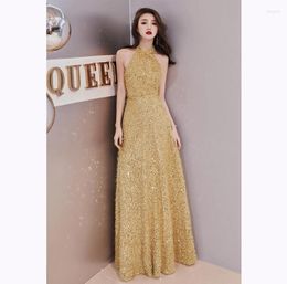 Party Dresses Highend Evening Dress 2022 Fashion Golden Prom Shinning Sequins High Neck A Line Banquet Floor Length1197065