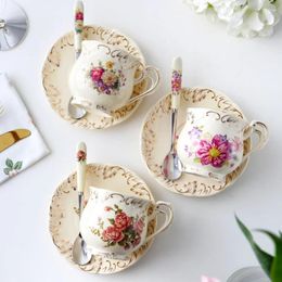 Cups Saucers MUZITY European Style Ceramic Tea Cup And Saucer Porcelain Coffee Set With Stainless Spoon Rose Design