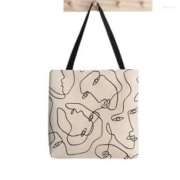 Shopping Bags Women Shopper Bag Line Face All Over Beige And Black Harajuku Canvas Girl Handbag Shoulder Lady