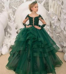 Gorgeous Green Flower Girl Dresses Scoop Neck Appliqued Beaded Long Sleeves Girl Pageant Gowns Ruffle Tiered Sweep Train Birthday 2395212