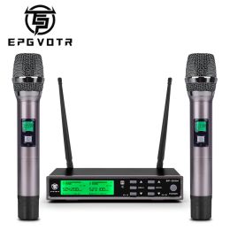 Microphones EPGVOTR EP200M UHF Wireless Microphone System with ECHO Effect Treble Bass 200 Channels 100 Meters Full Metal Dual Handheld Mic
