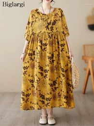 Casual Dresses Oversized Summer Long Bohemian Style Dress Women Floral Print Modis Loose Pleated Ladies Short Sleeve Woman