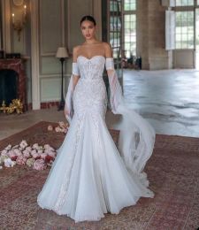 Spring Fashion Mermaid Wedding Dresses Sweetheart Super Long Sleeves Robe Appliques Lace Custom Made Boho Bridal Gowns