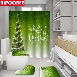Shower Curtains Merry Christmas Bathroom Set Bath Mats Rugs Polyester Fabric Curtain Green Xmas Tree Toilet Lid Cover Home Decoration