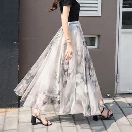 Skirts Chinese Style Ink Fragmented Vintage Chiffon Skirt Women Tie Dye Spring High Waist Mid Length Large Hem A-line Pleated