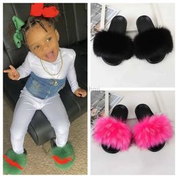 Slipper Kids Fur Slippers Fluffy Faux Raccoon Fur Slides Furry Home Floor Flip Flops Children Summer Shoes Girls Fur Sandals 240408