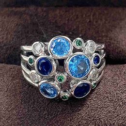 Cluster Rings Huitan Special-interested Wedding Rings Women Inlaid Round Blue Cubic Zirconia Colourful Silver Colour Band Ring for Party Jewelry240408