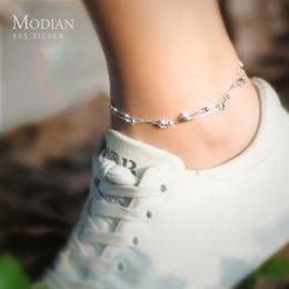 Modian Double Layer Beads Stars Anklet For Women Genuine 925 Sterling Silver Fashion Foot Leg Chain Link Fine Jewellery Gifts 240408