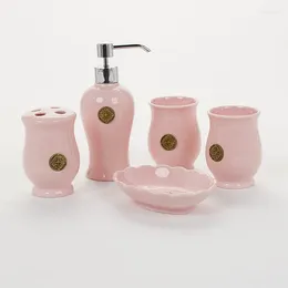 Bath Accessory Set Modern Luxury Bathroom Pink Colour Ceramic With Copper Sanitary Products Soap Box Toothbrash Cup Whole For Use