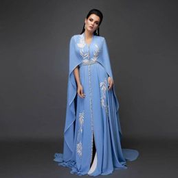 2021 Blue Plus Size Arabic Aso Ebi Sexy Chiffon Caftan Prom Dresses Embroidery Crystals Evening Formal Party Second Reception Gown7757256