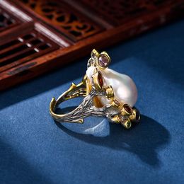 Anel de prata retro americano Retro 925sterling Personalidade exagerada projetada 925 jóias prateadas anel de dedo de pérola barroca puramente artesanal anel de prata