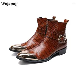 Boots Fashion Metal Pointed Toe Men Leather Knight Buckle Ankle Strap Side Zipper Male High Top Ballroom Party