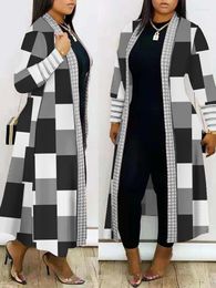 Women's Jackets Plus Size Geometric Print Open Front Longline Coat Cheque Printing Design Casual Long Autumn Winter 2024