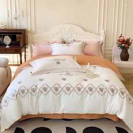 Bedding Sets White Orange Patchwork French Pastoral Flowers Embroidery Set Soft Pure Cotton Duvet Cover Flat Sheet Pillowcases