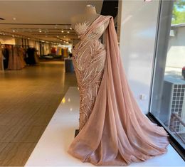 Blush Pink Mermaid Prom Dresses With Wrap One Shoulder Lace Beaded Dubai Glitter Robe De Soiree Arabic Evening Dress 2021 Women Pa4399023