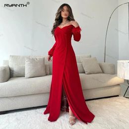 Runway Dresses Ryrnth V-Neck Feathers Evening Long Sleeves Chiffon Pleated 2024 Arabic Celebrity Dress Wedding Guest Formal Party Gowns