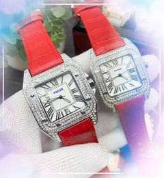 Couple Mens Womens Simple Dial Watches Automatic Date Quartz Movement Male Time Clock Red Blue Cow Leather Diamonds Ring Good Nice Looking Square Roman Tank Watch