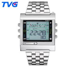 New Rectangle TVG Remote Control Digital Sport watch Alarm TV DVD remote Men and Ladies Stainless Steel WristWatch1630280