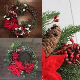 Decorative Flowers Christmas Wreath Artificial Plant Rattan Circle Garland Pendant Wall Flower Home El Red