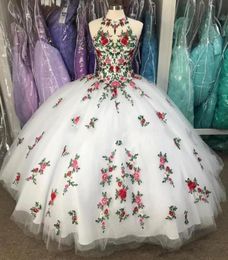 Fabulous Flowers Ball Gown Quinceanera Dresses Embroidery Sheer Neck Keyhole Corset Back Sweet 16 Dress Vestidos 15 Anos Prom Dres6859905
