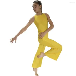 Stage Wear Nylonlycra Yellow Sleeves Back Hole Dance Unitard Ladies Girls Catsuits Long Bodysuit Gymnastics