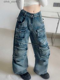 Frauen Jeans 2023 Trashy Y2K Strtwear Multi -Taschen gewaschen blau baggy fracht jeanshose für Frauen Kleidung Weitbein weibliche Denimhose Y240408