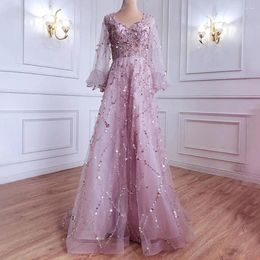 Casual Dresses Loose Cut Women Dress Elegant V Neck Sequin Beaded Evening Gown With Lantern Sleeves Double-layered Mesh For Formal Prom