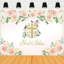 Party Decoration God Bless Background Girl's First Communion Baptism Baby Shower Po Blush Pink Flowers Gold Glitter Banner