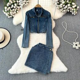 Work Dresses 2024 Spring Autumn Women Fashion Denim Two Piece Set Long Sleeve Zipper Coat High Waist Hip Skirt Elegant Feamle Outfits