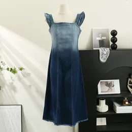 Casual Dresses Fashion Women Gradient Denim Dress Cute Flying Sleeve A-Line Frayed Hem Split Summer Vestidos Female Frock Outfit