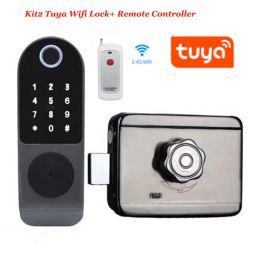 Lock Smart Electronic Lock Rim Door Lock AA Battery Powered Gate Lock Optional TUYA SMART Wifi Control 433Mhz Remote Unlock