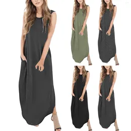 Casual Dresses Simple Comfortable Solid Color Dress Women Summer Loose Round Neck Sleeveless Vintage Fashion Pockets Long