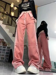 Women's Jeans WCFCX STUDIO Pink Baggy Woman High Waist Autumn Winter Wide Leg Denim Trouser Streetwear Design Vintage Straight Jean Pant