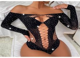 Womens Jumpsuits Rompers Sexy Body Stocking Fishnet Bodysuit Long Sleeve Crystal Diamonds Dress Bodystocking Lingerie 2211137807409