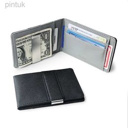 Money Clips Hot Sale Fashion Solid Mens Thin Bifold Money Clip Leather with A Metal Clamp Female ID Credit Card Cash Holder 240408