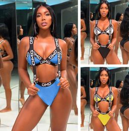 Europe and Ama Hot selling women summer 2021 new slim sexy swimsuit ribbon two piece sets swimsuit fashion letter printing bikini Suit2152350